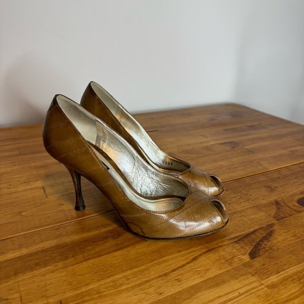 Dolce & Gabbana Italy Spuntata Anguilla Brown Leather Peep Toe Heels Size 35.5